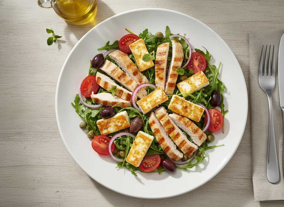 Cypriot Chicken Salad with Halloumi and Olives photo
