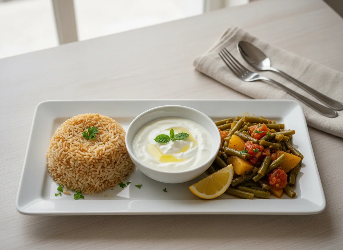 Cypriot Meal Tray (Rice Pilaf, Yogurt, Green Bean Stew) photo