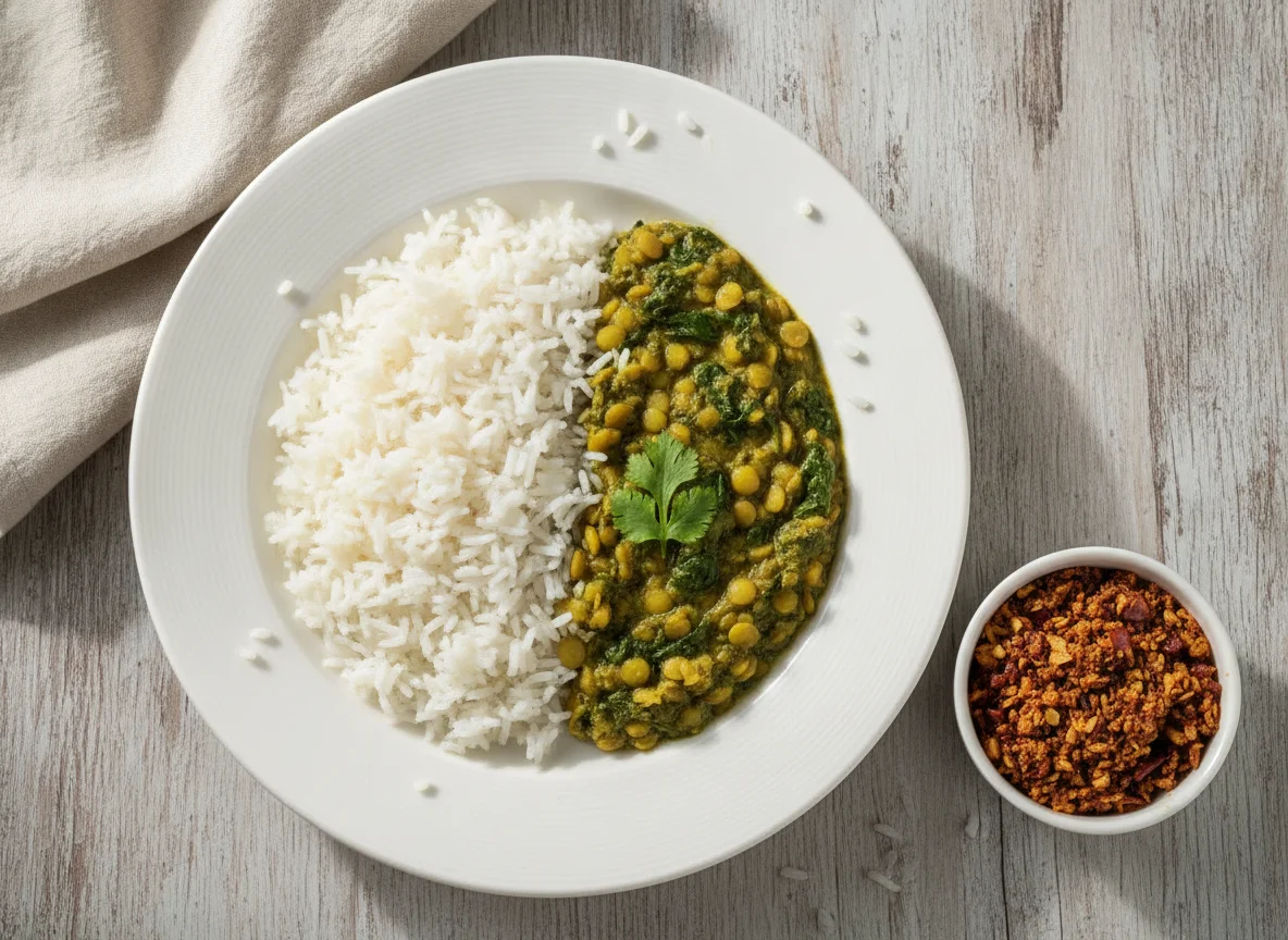Dal Palak with Steamed Rice and Garlic Chutney photo