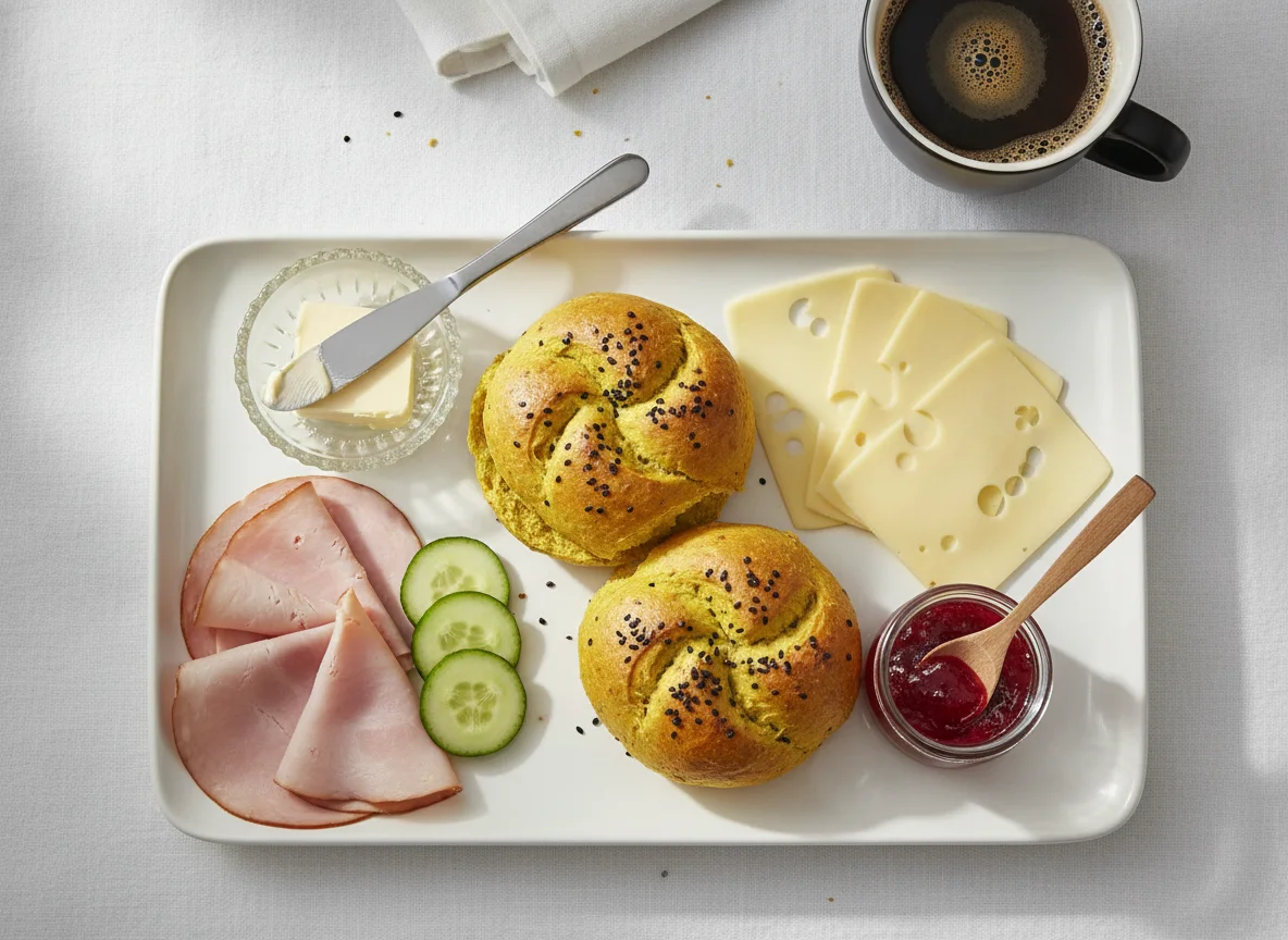 Danish breakfast plate with turmeric rolls, cheese, and cold cuts photo