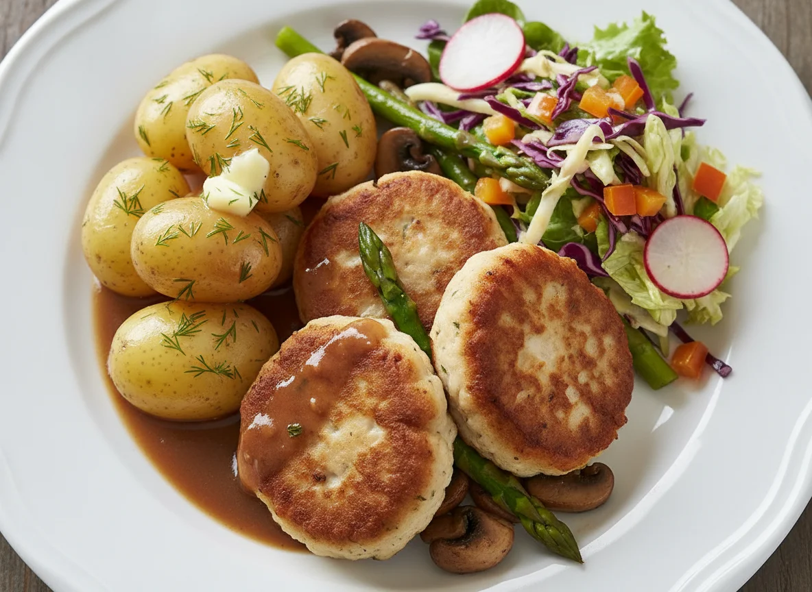 Danish Fish Cakes with Boiled Potatoes and Salad photo