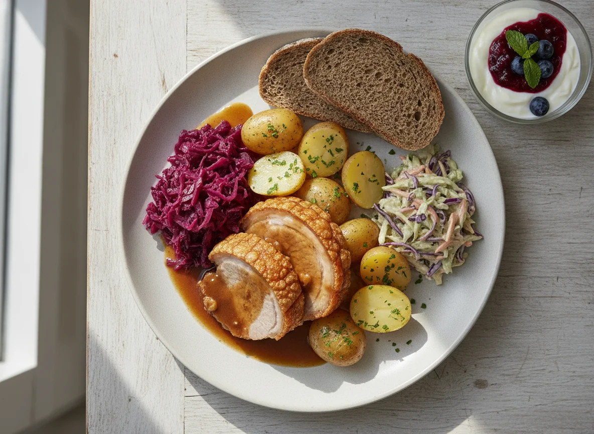 Danish Roast Pork with Potatoes and Red Cabbage photo