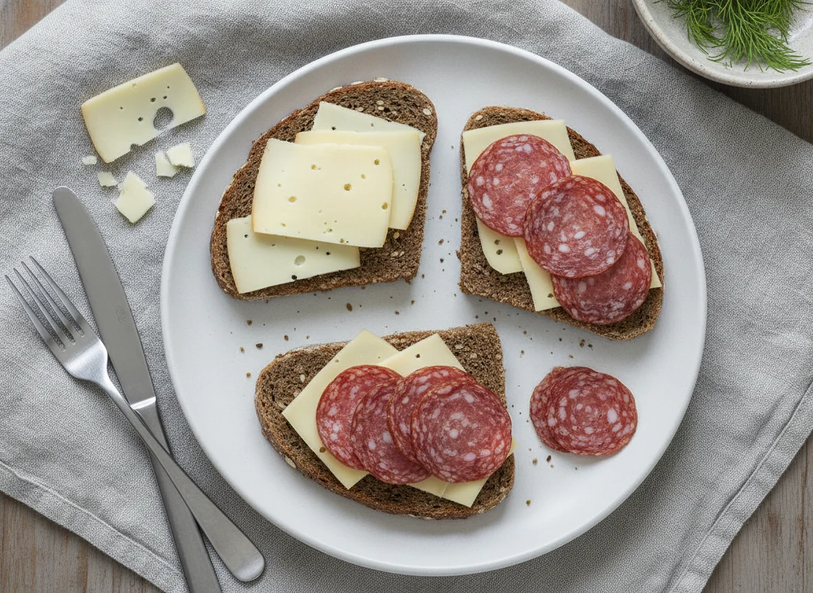 Danish rye bread with cheese and salami photo