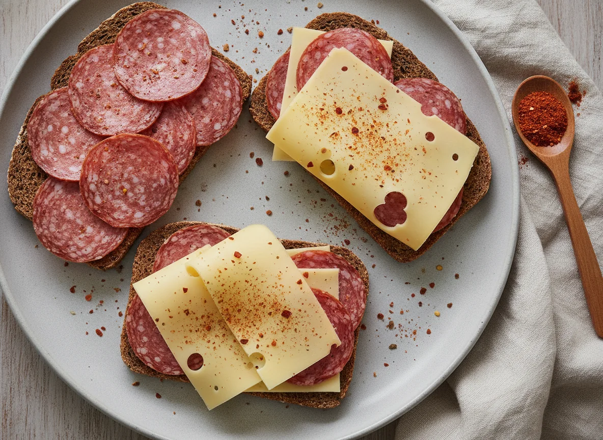 Danish Rye Bread with Salami and Cheese photo