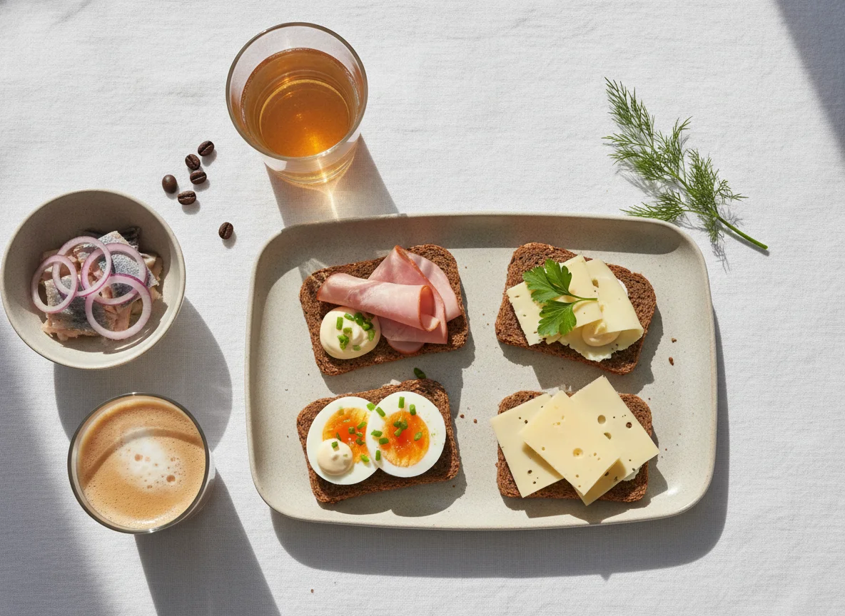 Danish Smørrebrød breakfast with eggs and coffee photo