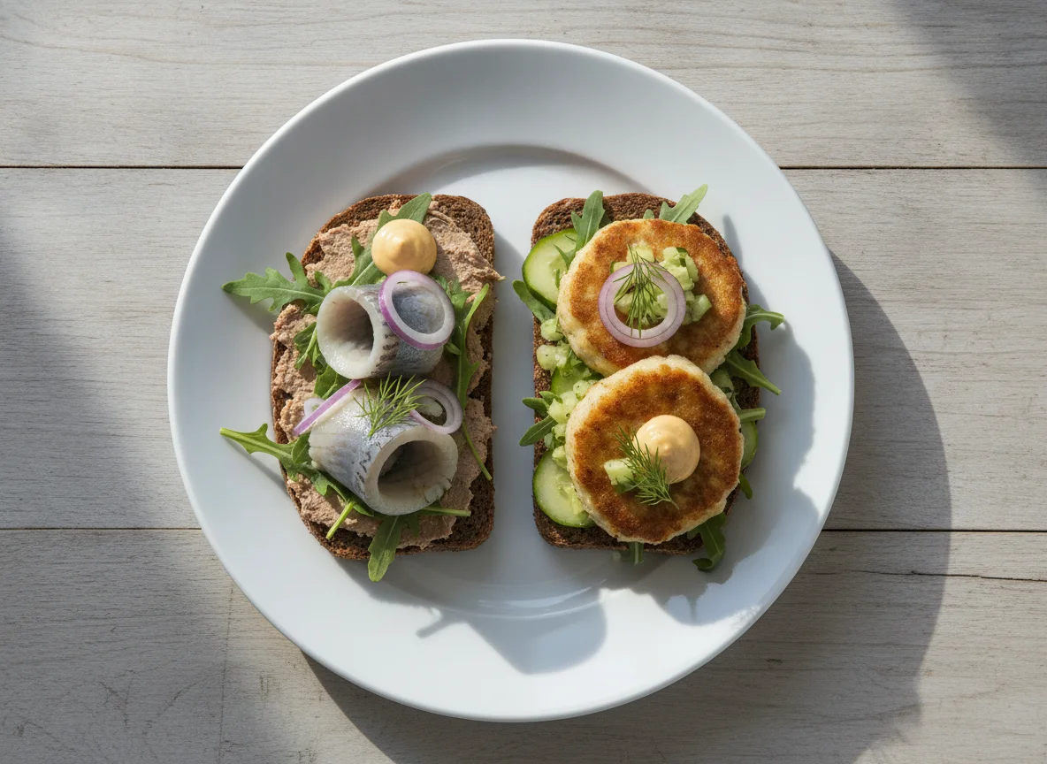 Danish Smørrebrød with Herring and Fish Cake photo