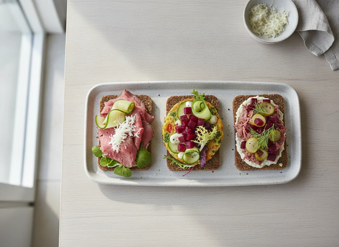 Danish Smørrebrød with Roast Beef, Frittata, and Beetroot Salad photo