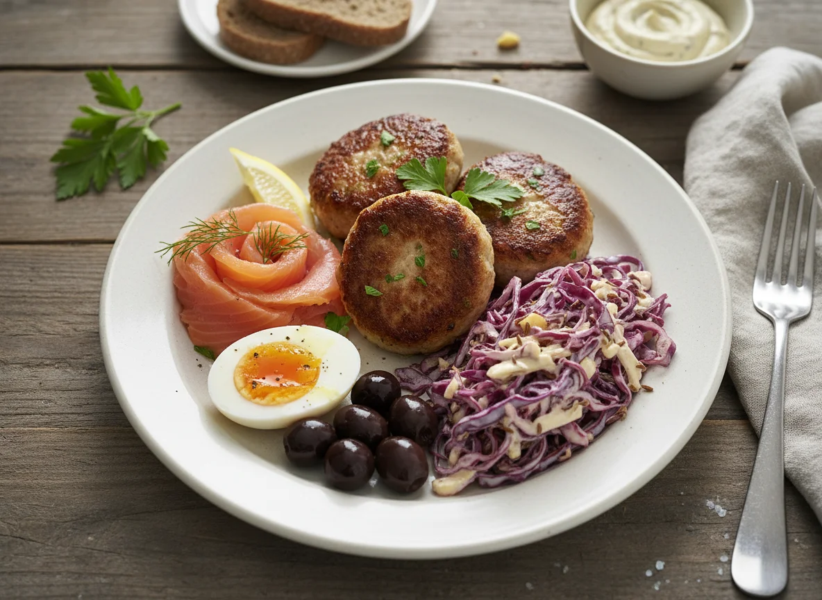 Danish style lunch plate with meatballs, salmon, eggs, olives and cabbage salad photo