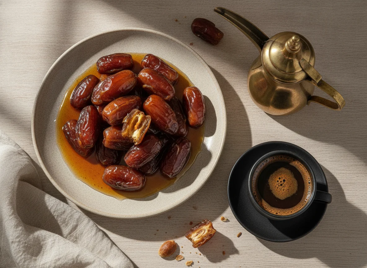Dates with syrup and coffee photo