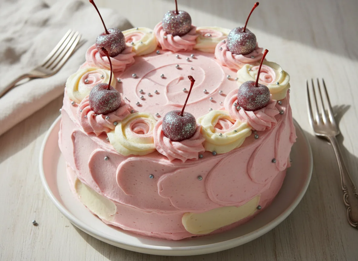 Decorated Cake with Buttercream Frosting and Glitter Cherries photo