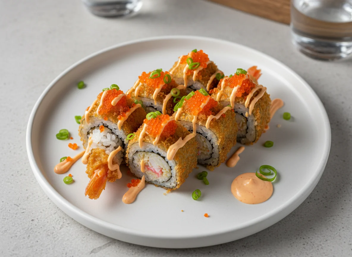 Deep-fried Sushi Roll with Roe and Sauce photo