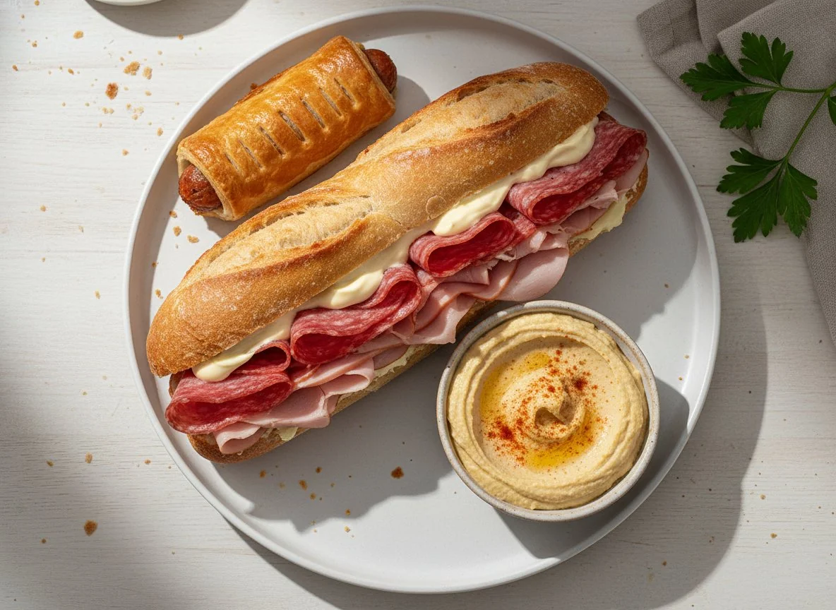 Deli Meat Sandwich with Sausage Roll and Hummus photo
