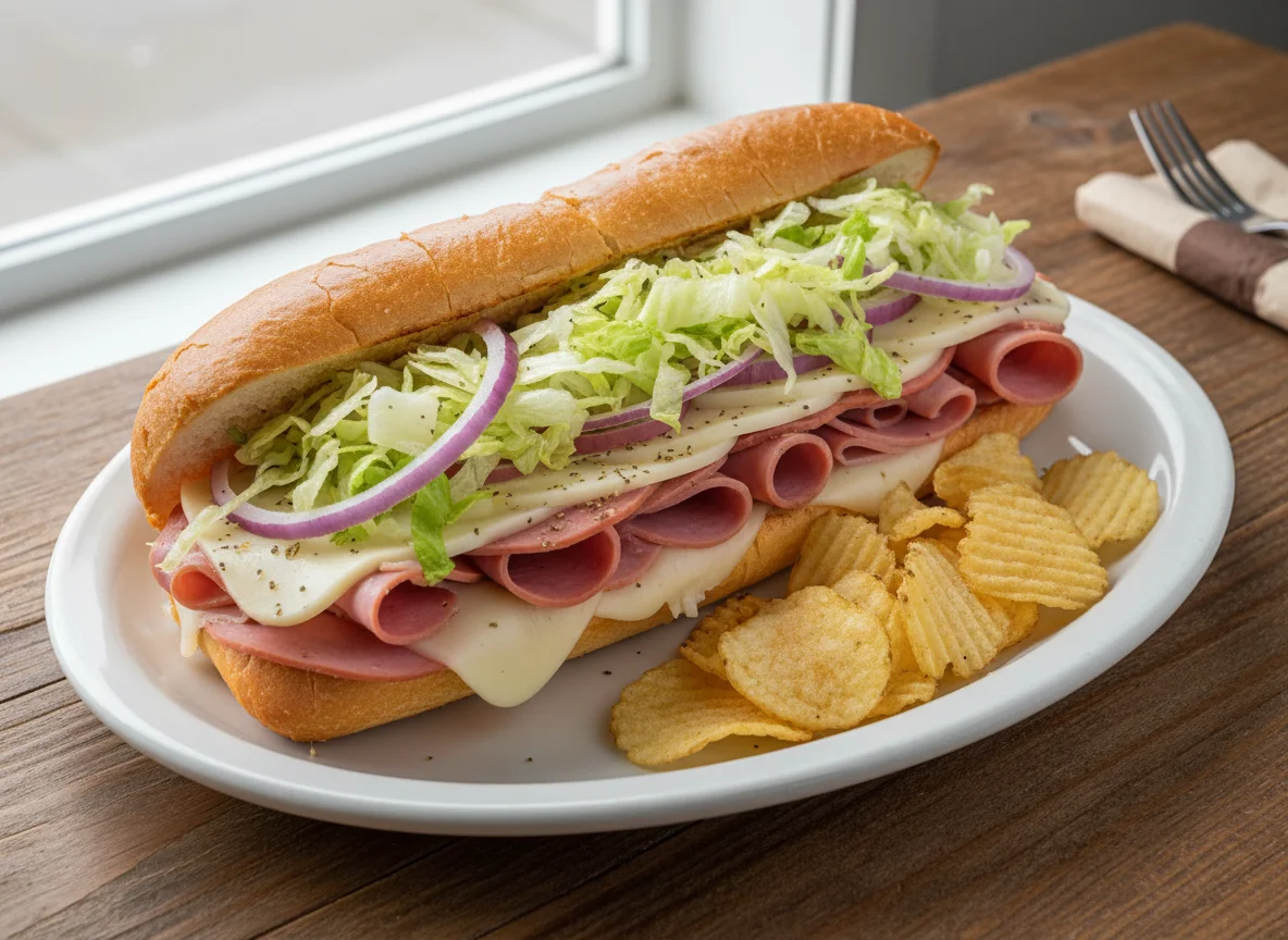 Deli Meat Submarine Sandwich with Potato Chips photo