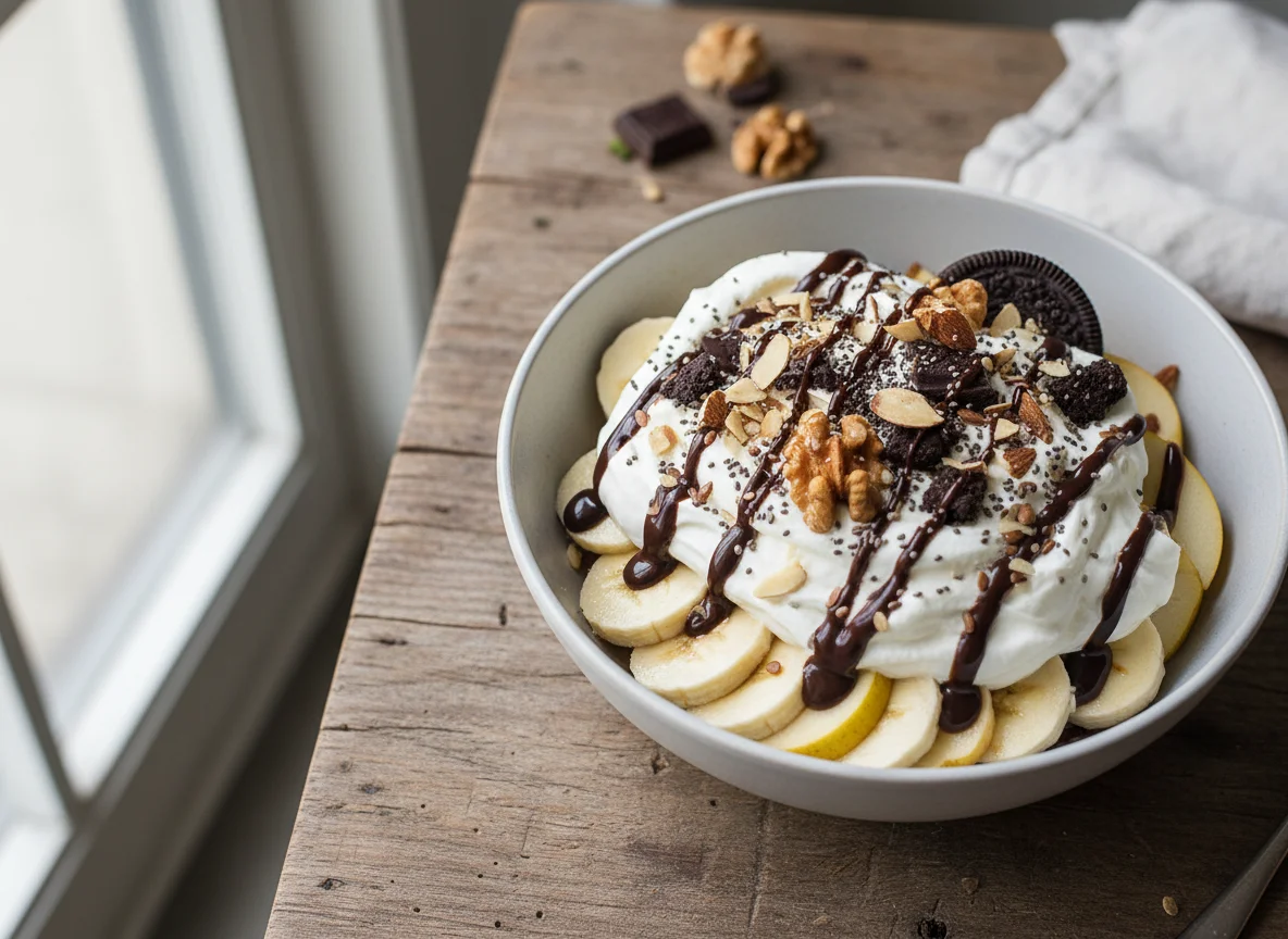 Dessert Bowl with Fruits, Nuts, and Cream photo
