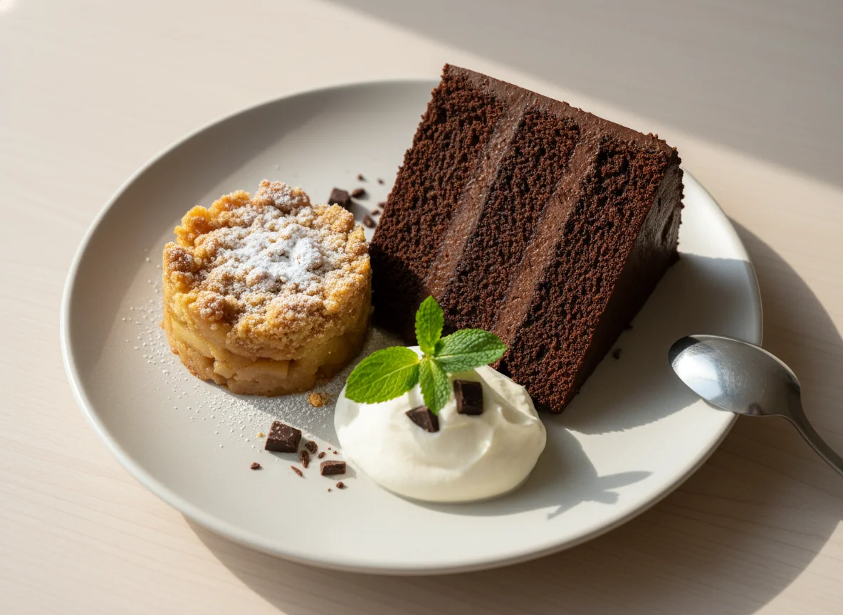 Dessert Plate with Cake, Crumble, and Cream photo