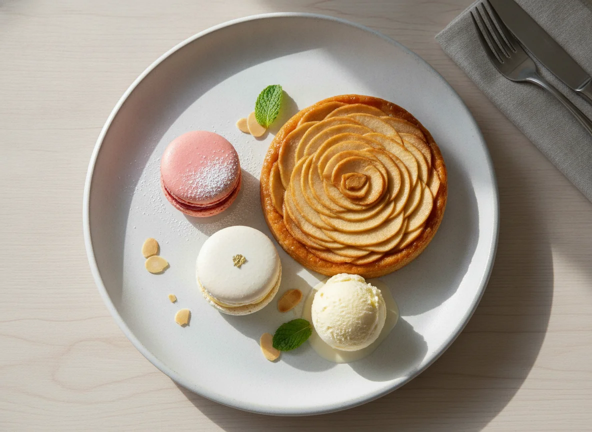 Dessert Platter with Macarons and Apple Tart photo