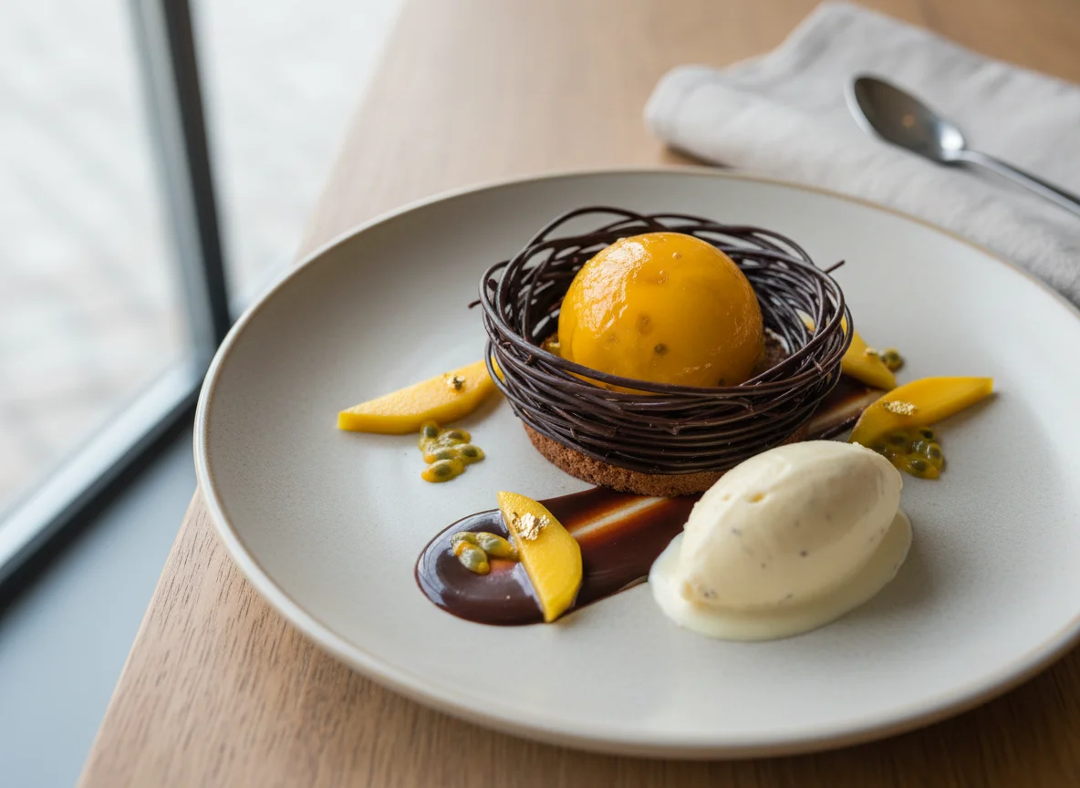 Dessert with chocolate nest and fruit sphere photo