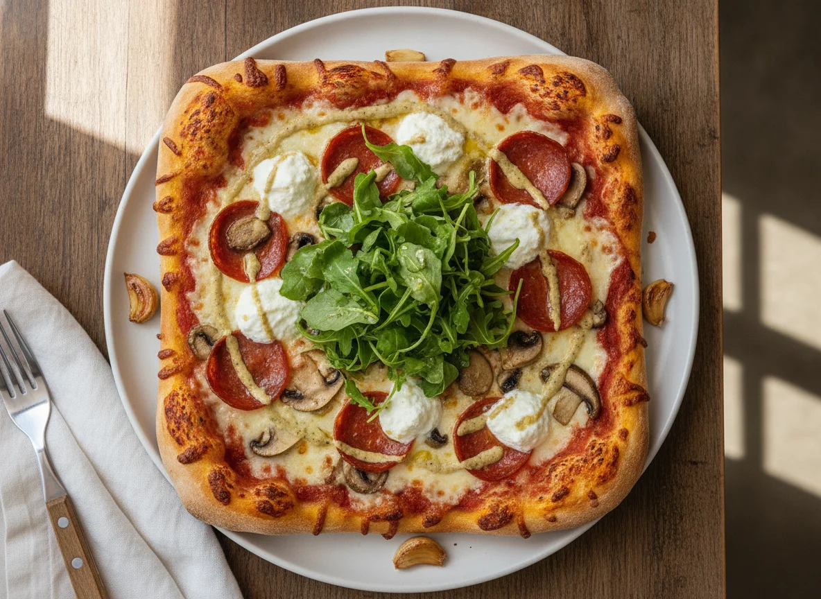 Detroit-style Pizza with Ricotta, Arugula, and Garlic Sauce photo