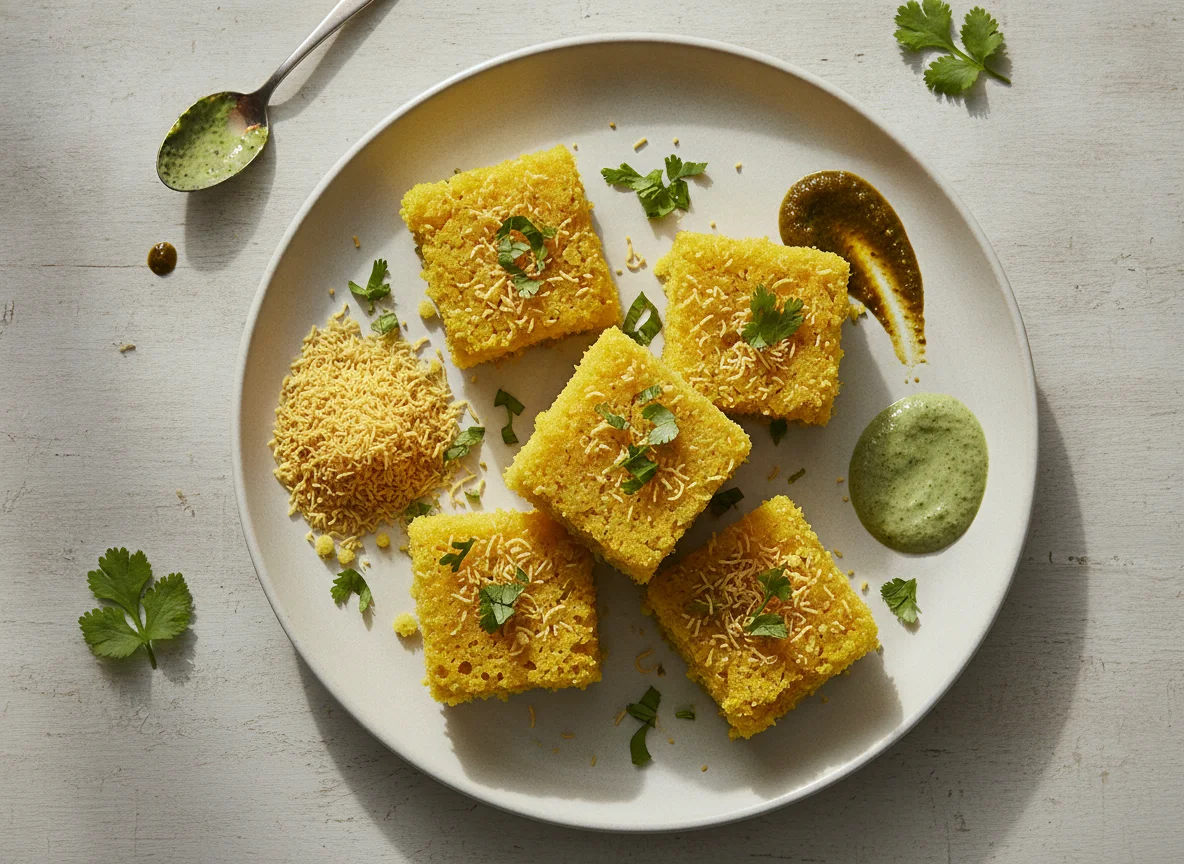Dhokla with Chutney and Sev photo