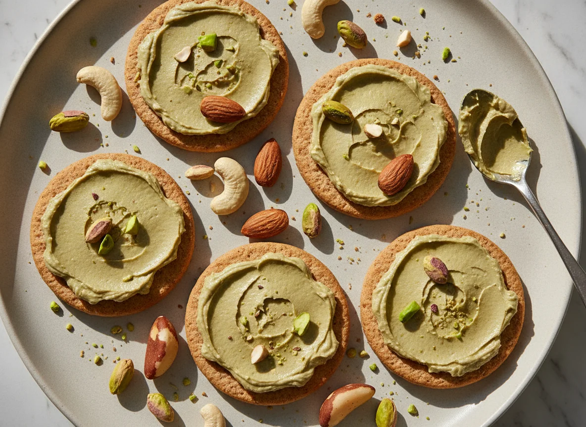 Digestive biscuits with pistachio spread and mixed nuts photo