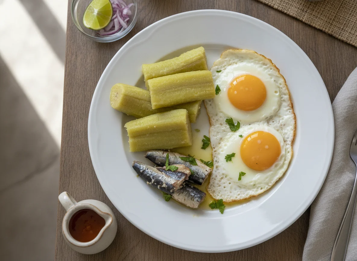 Dominican Breakfast with Fried Eggs, Boiled Green Bananas, and Sardines photo