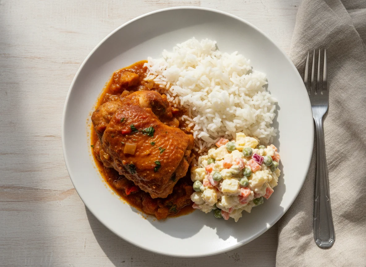Dominican Chicken Stew with Rice and Russian Salad photo