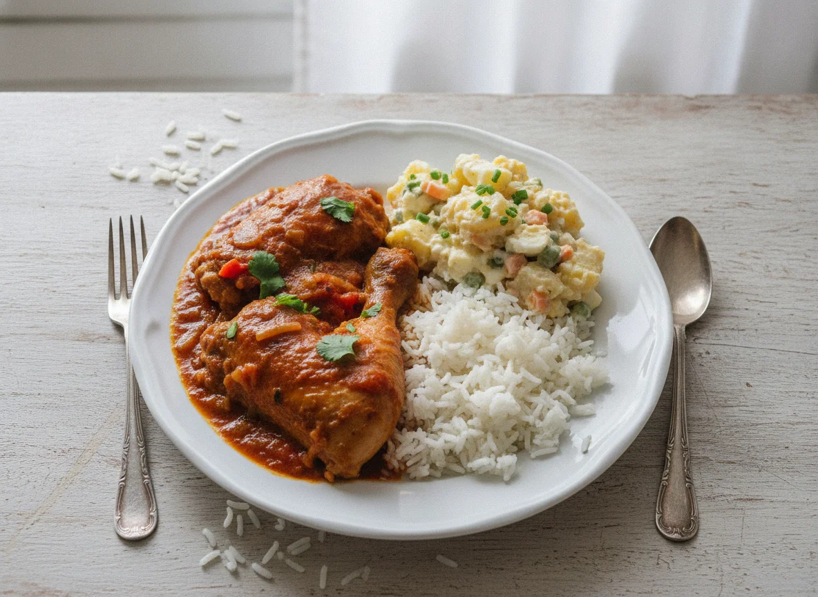 Dominican Stewed Chicken with Rice and Potato Salad photo