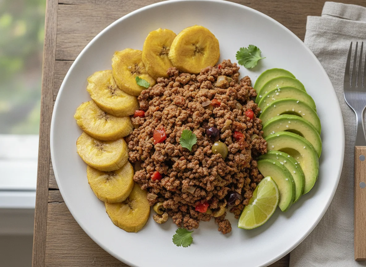 Dominican style ground beef with plantains and avocado photo