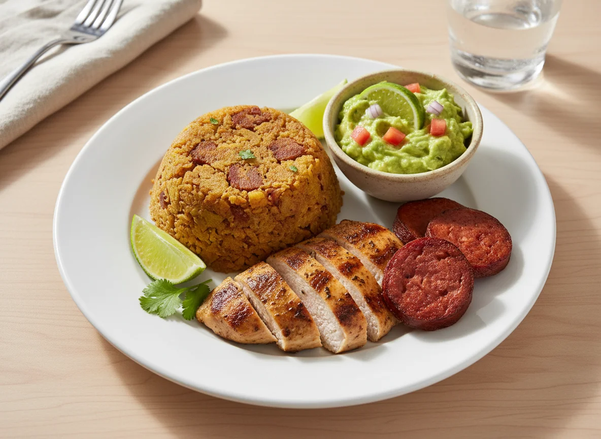 Dominican Style Meal with Mofongo, Chicken, Avocado, and Salami photo