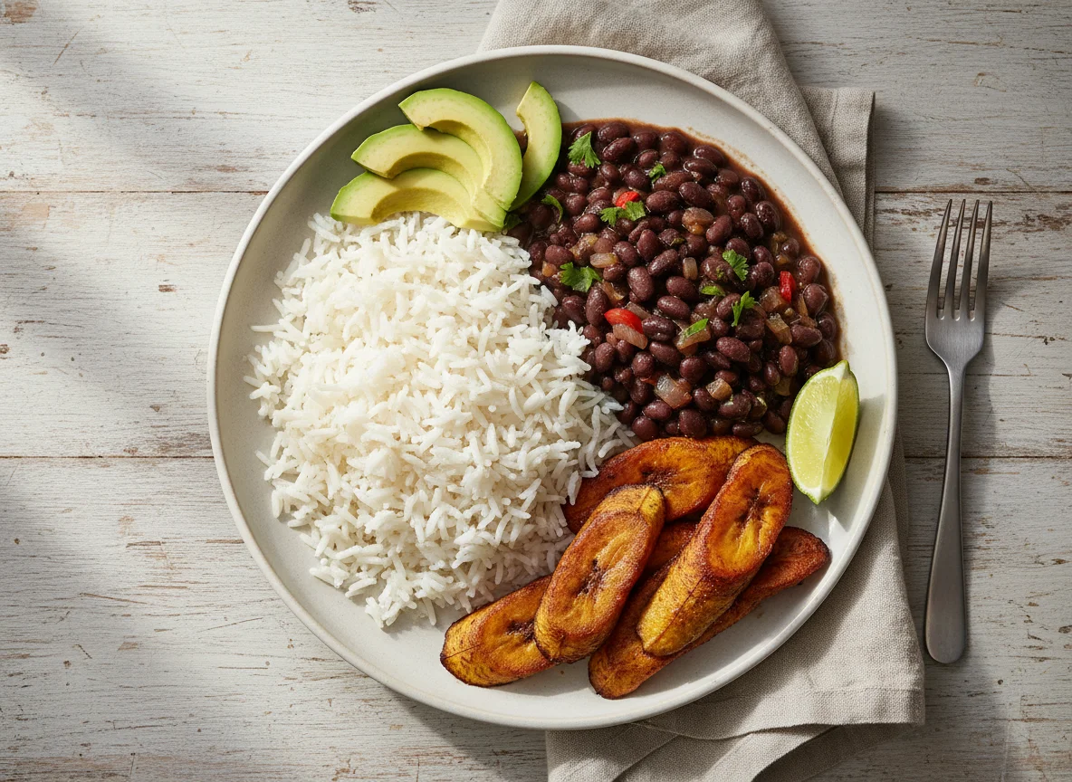 Dominican Style Meal with Rice, Beans, Avocado, and Plantains photo