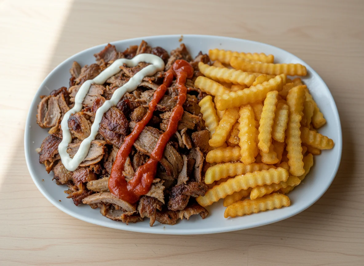 Doner Kebab Meat with Chips and Sauce photo