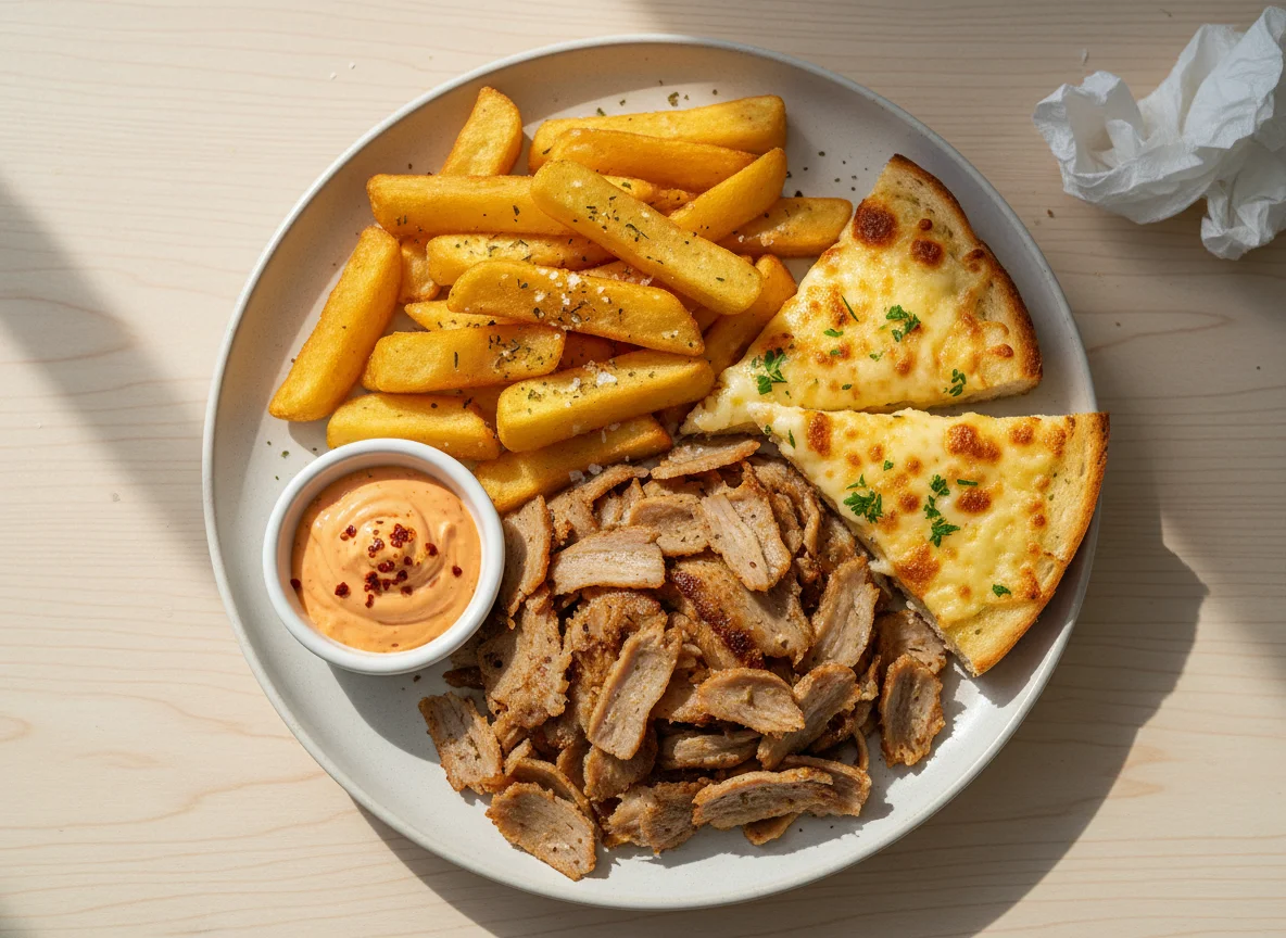 Doner Kebab Plate with Cheesy Garlic Bread and Chips photo