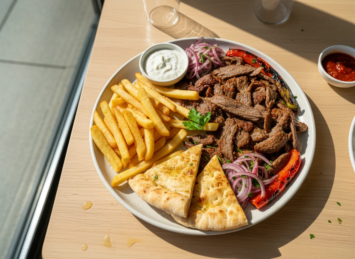Doner Kebab Plate with Fries and Lavash photo