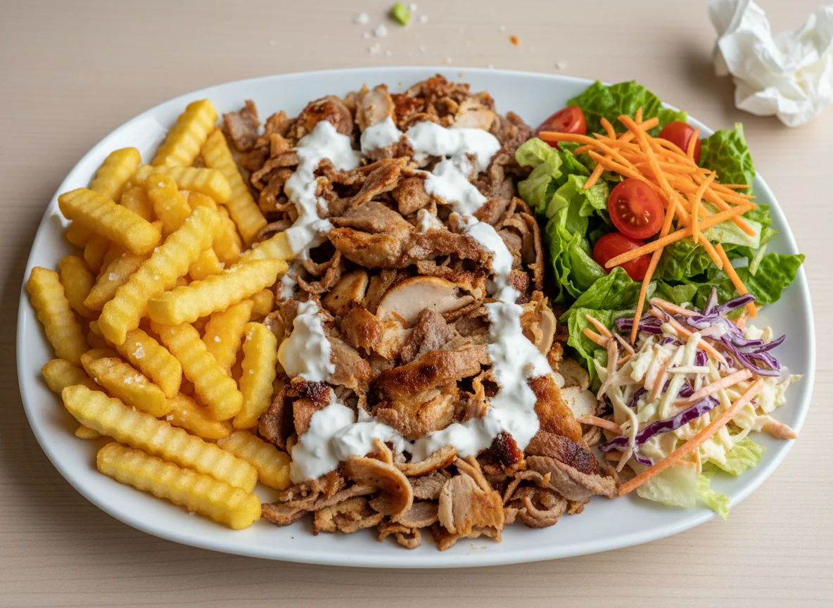 Döner Kebab Plate with Fries and Salad photo
