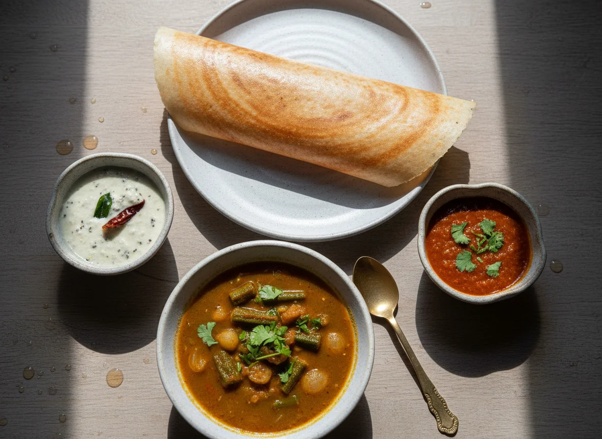 Dosa with Chutneys and Sambar photo