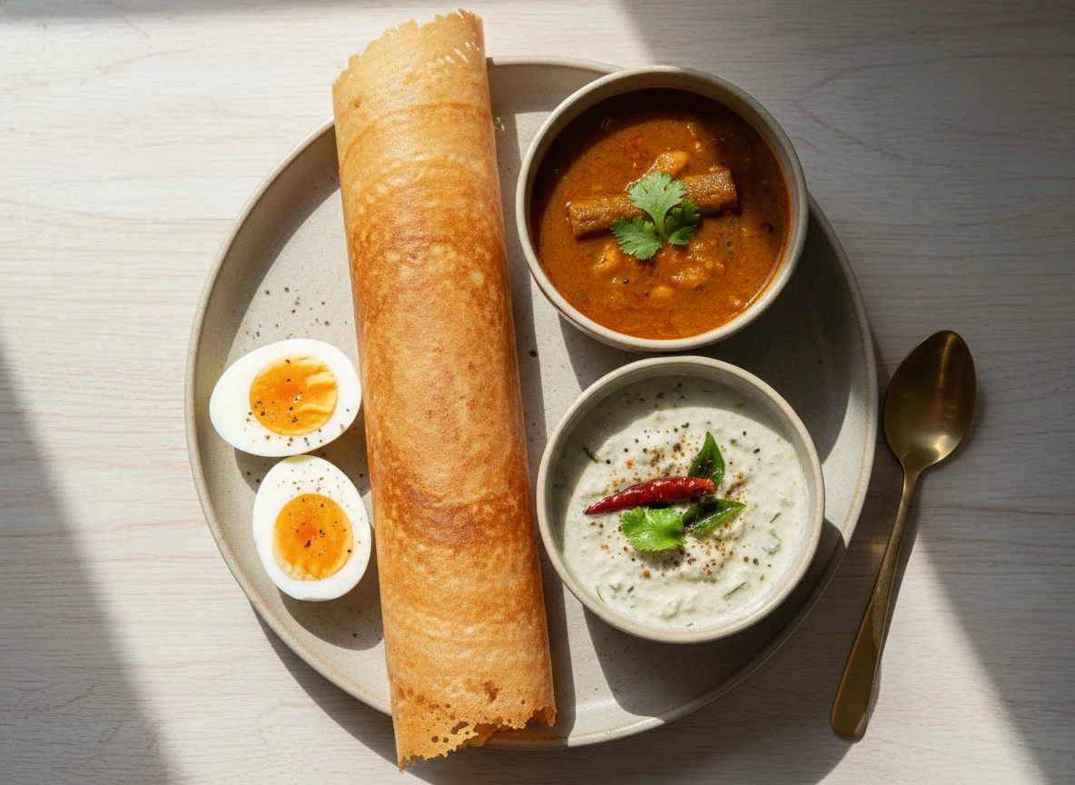 Dosa with Sambar, Coconut Chutney, and Boiled Eggs photo