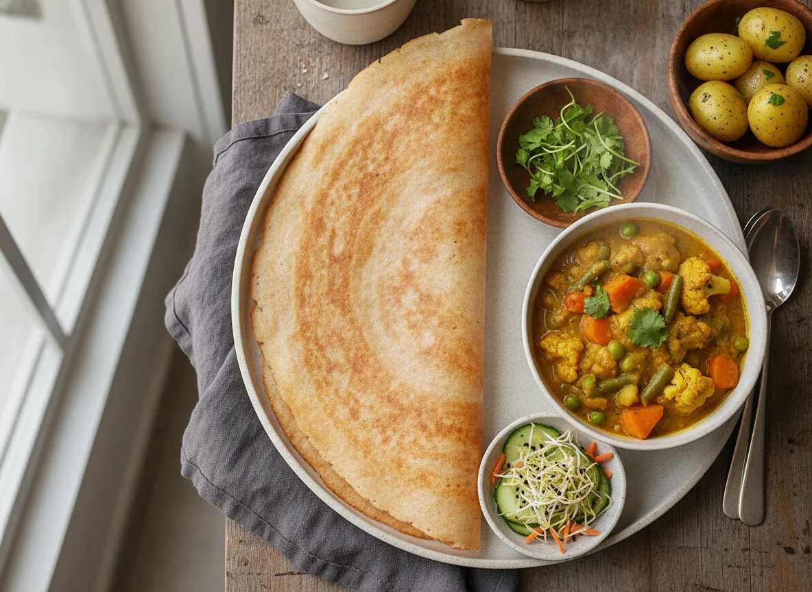 Dosa with Vegetable Curry and Salad photo