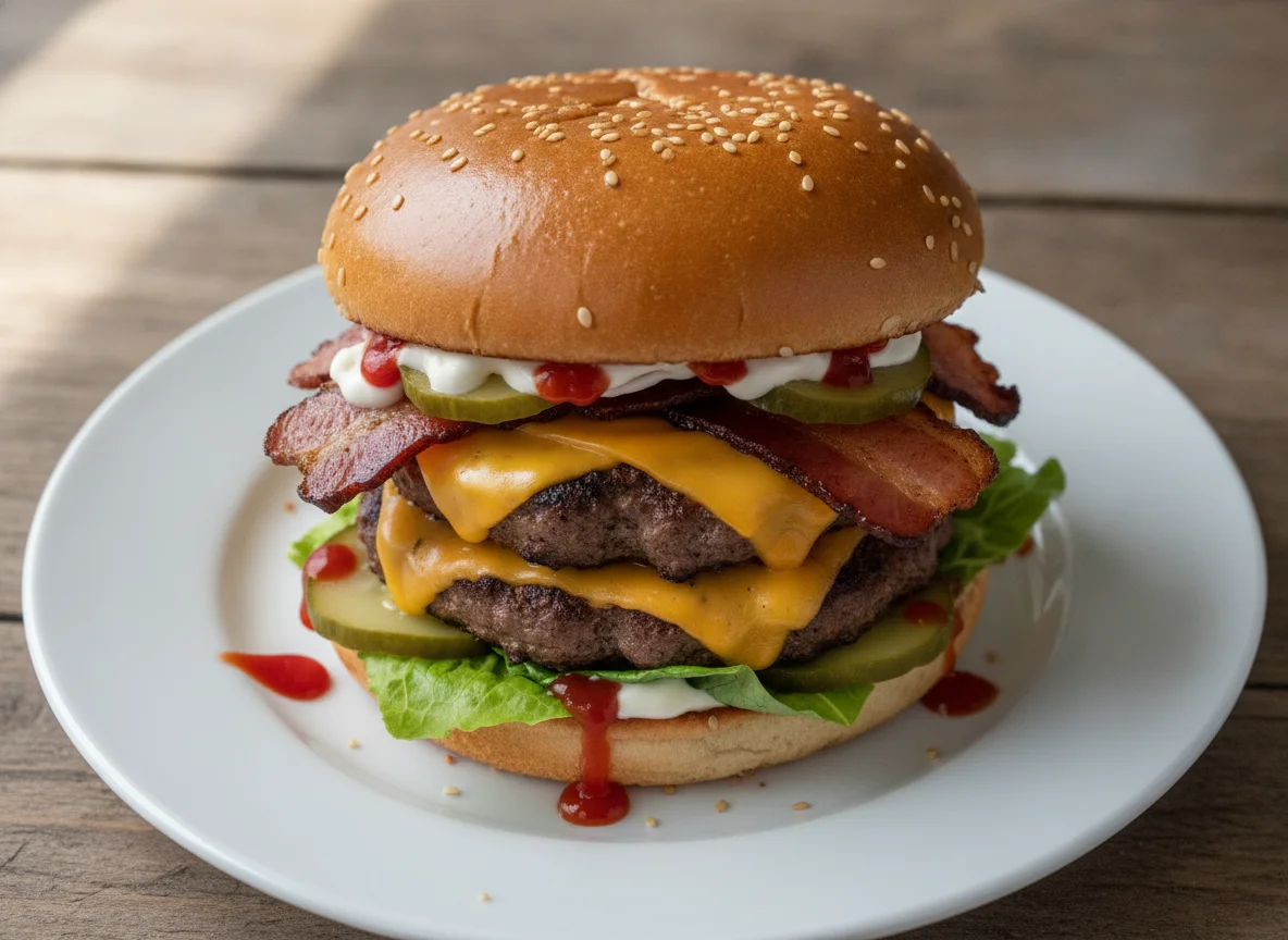Double Cheeseburger with Bacon and Sauces photo