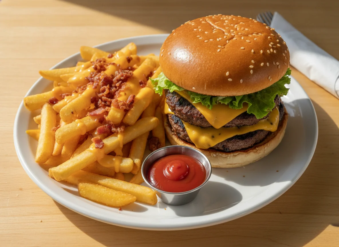 Double Cheeseburger with Loaded Fries and Ketchup photo