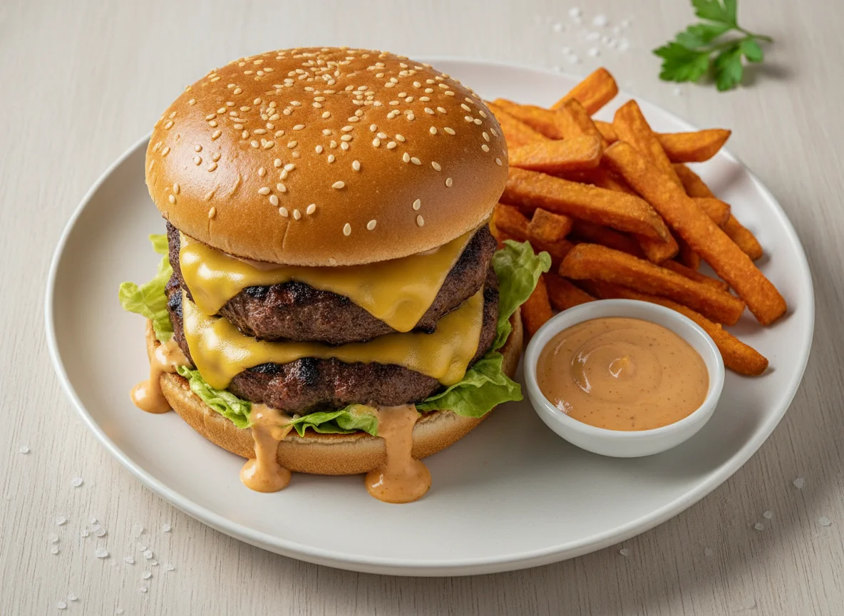 Double Cheeseburger with Sweet Potato Fries photo