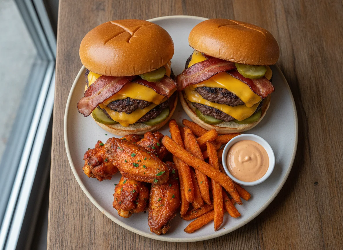 Double Cheeseburgers with Chicken Wings and Sweet Potato Fries photo