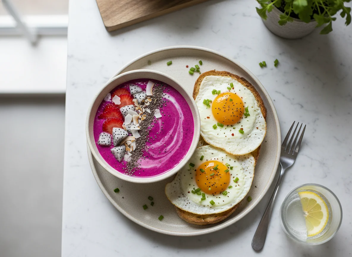 Dragon Fruit Smoothie and Eggs photo