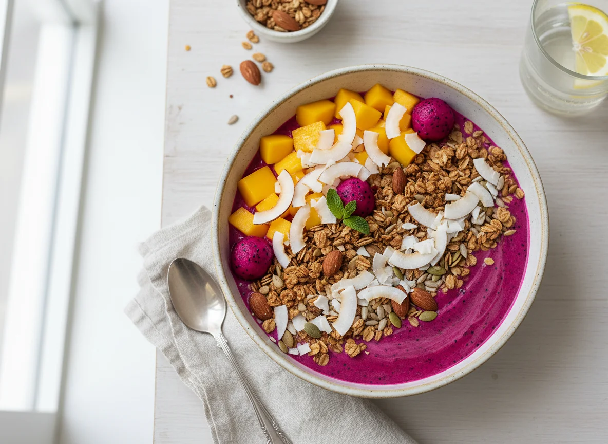 Dragon Fruit Smoothie Bowl with Mango, Granola, and Coconut Flakes photo