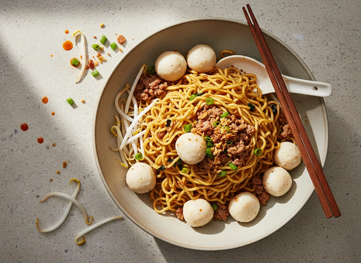 Dry Egg Noodles with Fish Balls and Minced Pork (Ba Mee Haeng) photo