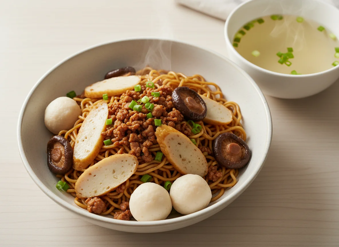 Dry Noodles with Fishballs and Minced Pork photo
