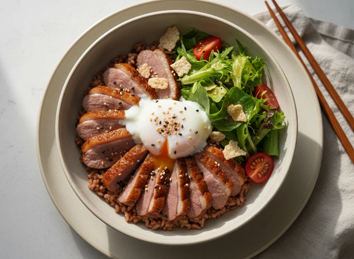 Duck Breast and Poached Egg Rice Bowl with Salad photo