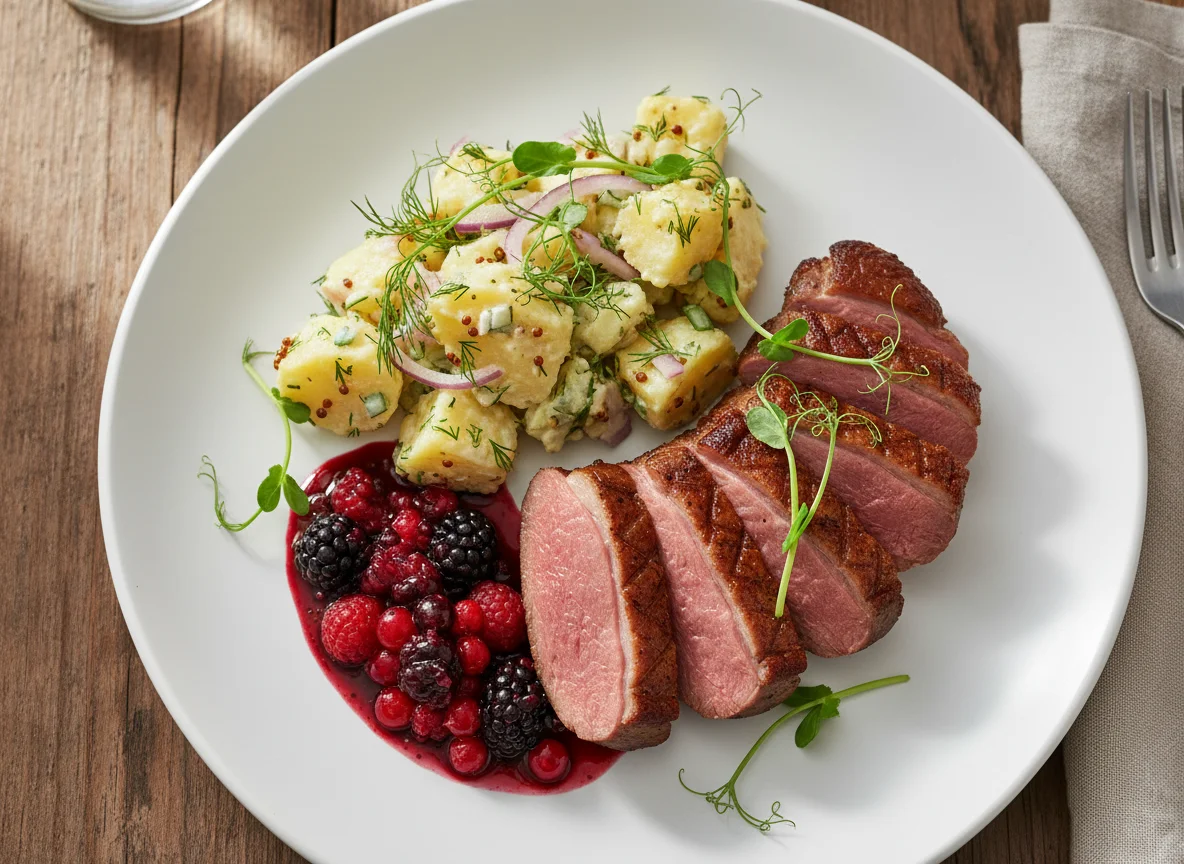 Duck breast with berry sauce and potato salad photo