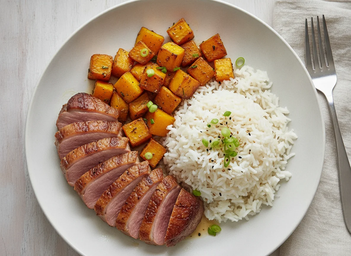 Duck breast with butternut squash and white rice photo