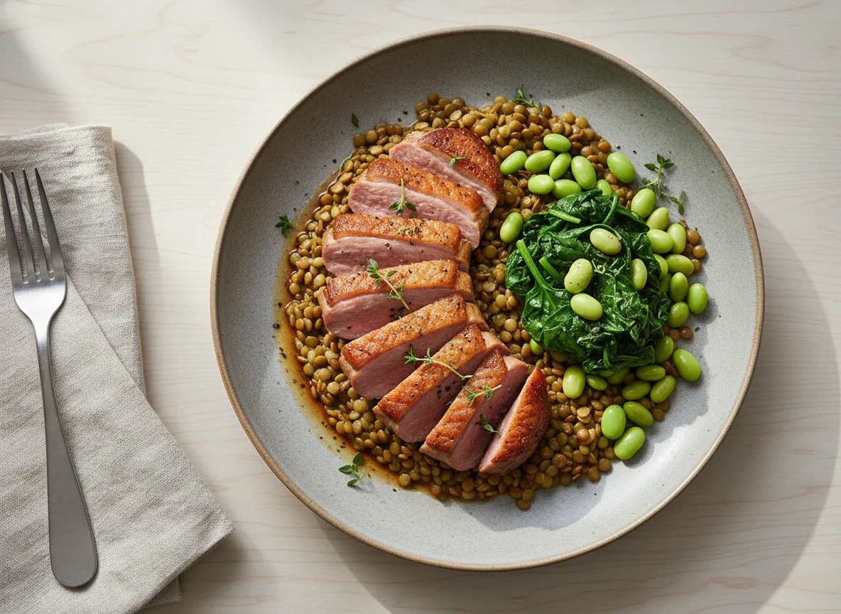 Duck breast with lentils, spinach, and edamame photo