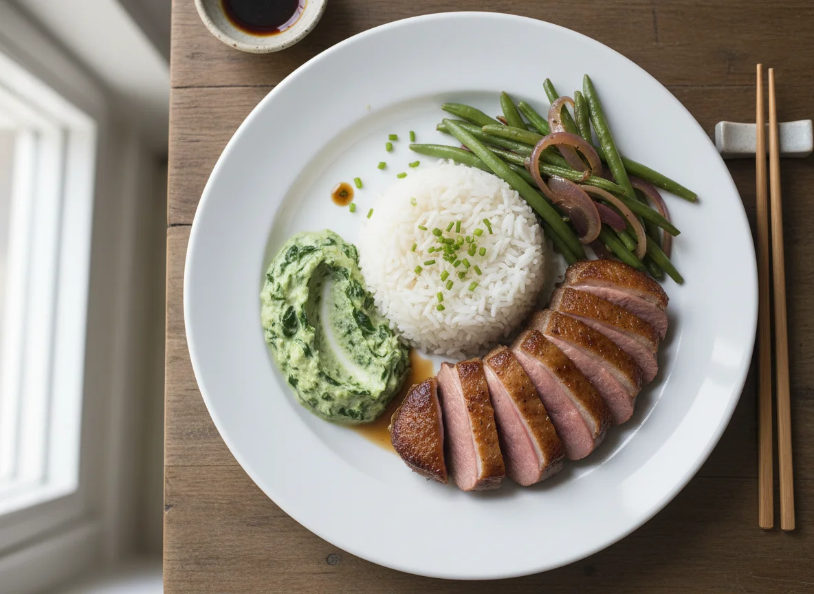 Duck breast with rice and vegetables photo
